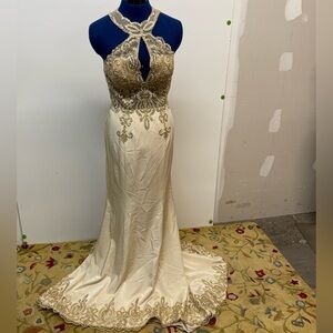 Dave & Johnny Champagne Long Halter Prom Gown